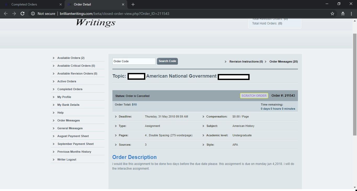 Writing order description.